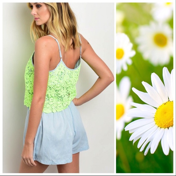 Pants - CLEARANCE* Crochet Daisies on Chambray Blue Romper